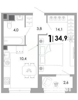 1-к квартира, строящийся дом, 35м2, 2/17 этаж