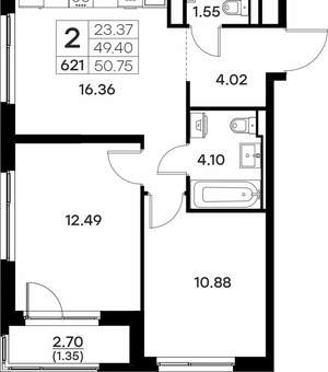 2-к квартира, вторичка, 51м2, 4/17 этаж