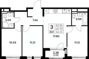3-к квартира, вторичка, 66м2, 4/17 этаж