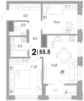 2-к квартира, вторичка, 56м2, 12/17 этаж