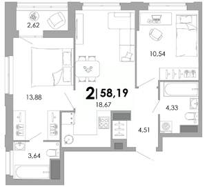 2-к квартира, вторичка, 58м2, 15/17 этаж