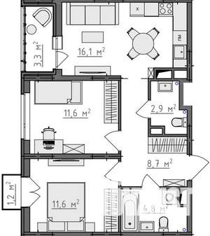 2-к квартира, вторичка, 58м2, 6/9 этаж