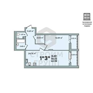 1-к квартира, вторичка, 63м2, 1/8 этаж