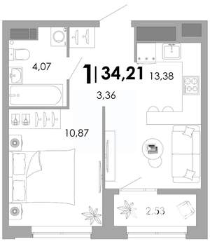 1-к квартира, вторичка, 34м2, 16/17 этаж
