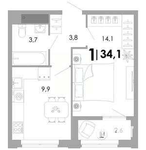 1-к квартира, вторичка, 34м2, 14/17 этаж