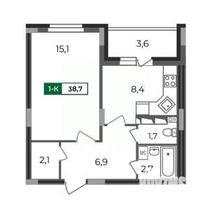 1-к квартира, строящийся дом, 39м2, 17/17 этаж