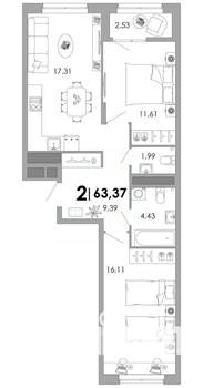 2-к квартира, вторичка, 63м2, 9/17 этаж