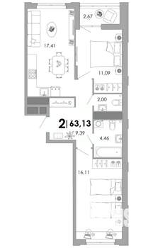 2-к квартира, вторичка, 63м2, 6/17 этаж