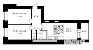 2-к квартира, вторичка, 62м2, 2/14 этаж
