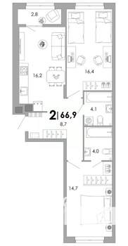 2-к квартира, строящийся дом, 67м2, 2/17 этаж