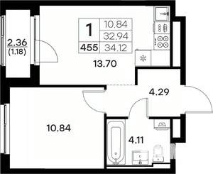 1-к квартира, вторичка, 34м2, 2/17 этаж