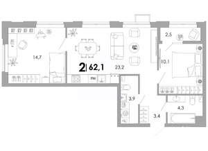 2-к квартира, вторичка, 62м2, 2/16 этаж