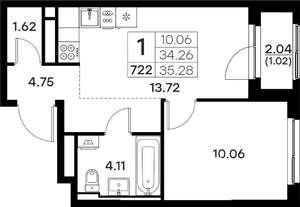 1-к квартира, вторичка, 35м2, 13/17 этаж