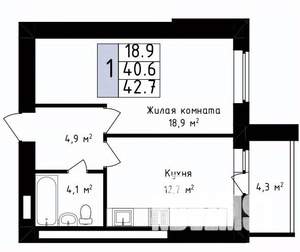 1-к квартира, вторичка, 43м2, 12/14 этаж