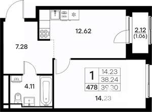 1-к квартира, вторичка, 39м2, 4/17 этаж