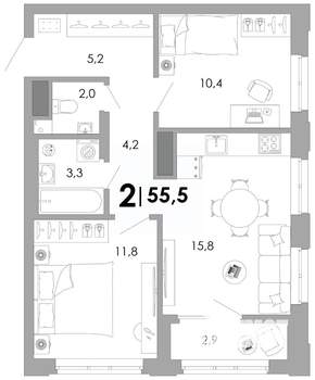 2-к квартира, вторичка, 56м2, 16/17 этаж