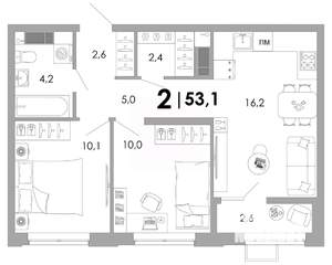 2-к квартира, вторичка, 53м2, 6/16 этаж