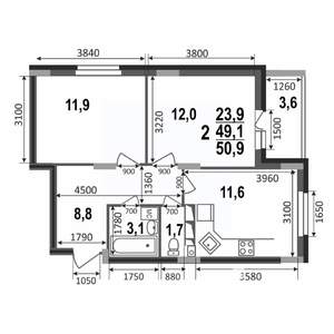 2-к квартира, строящийся дом, 51м2, 13/17 этаж