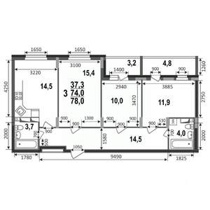 3-к квартира, строящийся дом, 78м2, 4/17 этаж