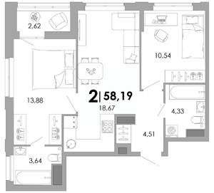2-к квартира, вторичка, 58м2, 6/17 этаж