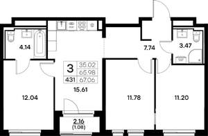 3-к квартира, вторичка, 67м2, 11/17 этаж