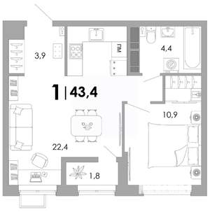 1-к квартира, вторичка, 43м2, 12/16 этаж