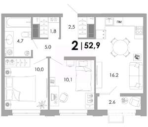 2-к квартира, строящийся дом, 53м2, 7/16 этаж
