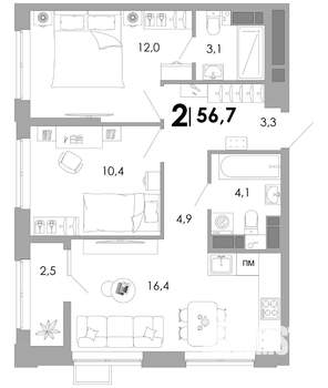 2-к квартира, вторичка, 57м2, 7/16 этаж
