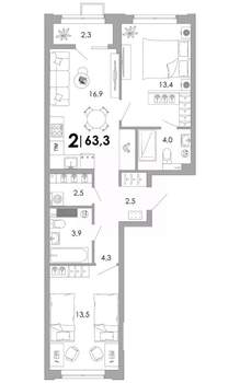 2-к квартира, строящийся дом, 63м2, 2/16 этаж