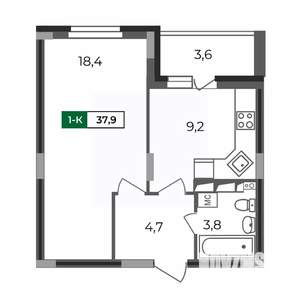 1-к квартира, строящийся дом, 38м2, 14/17 этаж