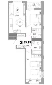 2-к квартира, вторичка, 63м2, 16/17 этаж