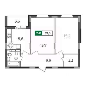 2-к квартира, строящийся дом, 59м2, 1/17 этаж
