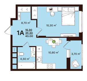 1-к квартира, вторичка, 43м2, 3/17 этаж