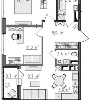 2-к квартира, вторичка, 59м2, 9/9 этаж