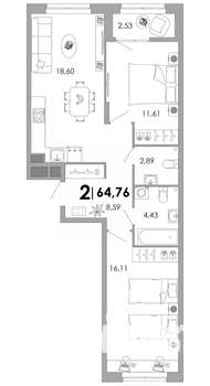 2-к квартира, вторичка, 65м2, 2/17 этаж
