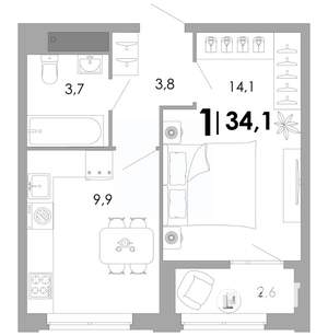 1-к квартира, строящийся дом, 34м2, 8/17 этаж