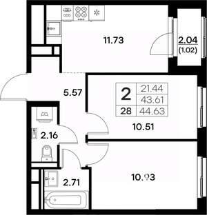 2-к квартира, вторичка, 45м2, 4/17 этаж
