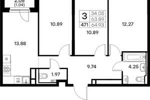 3-к квартира, вторичка, 65м2, 4/17 этаж