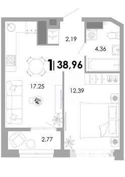 1-к квартира, вторичка, 39м2, 15/17 этаж