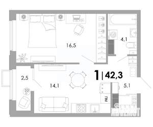 1-к квартира, вторичка, 42м2, 7/16 этаж