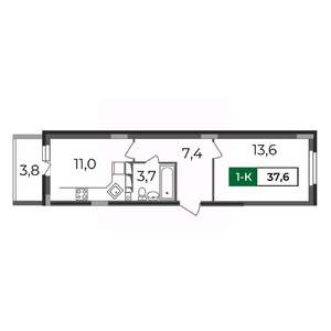 1-к квартира, строящийся дом, 38м2, 2/17 этаж