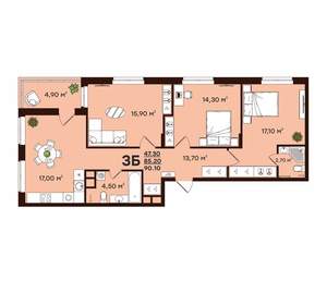 3-к квартира, вторичка, 90м2, 6/17 этаж