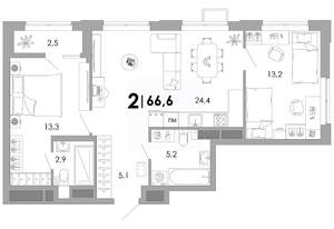 2-к квартира, вторичка, 67м2, 7/16 этаж