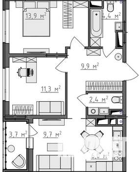 2-к квартира, вторичка, 59м2, 9/9 этаж