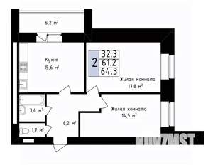 2-к квартира, вторичка, 64м2, 2/14 этаж