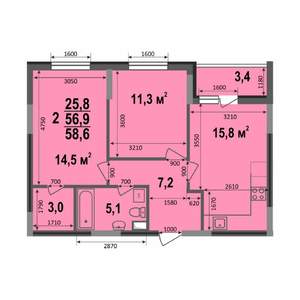 2-к квартира, строящийся дом, 59м2, 1/17 этаж