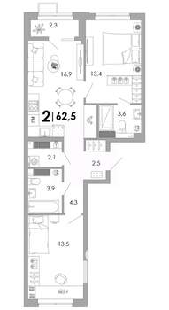 2-к квартира, вторичка, 63м2, 12/16 этаж