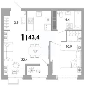 1-к квартира, вторичка, 43м2, 4/16 этаж