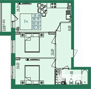 2-к квартира, строящийся дом, 61м2, 3/8 этаж