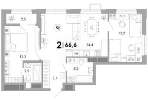 2-к квартира, вторичка, 67м2, 9/16 этаж